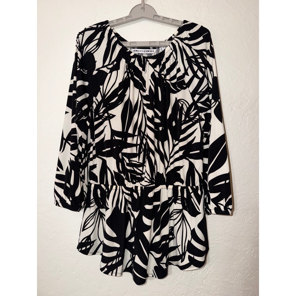 Girl With Curves Black White Palm Leaf Print Elastic Waist Tunic Top Medium